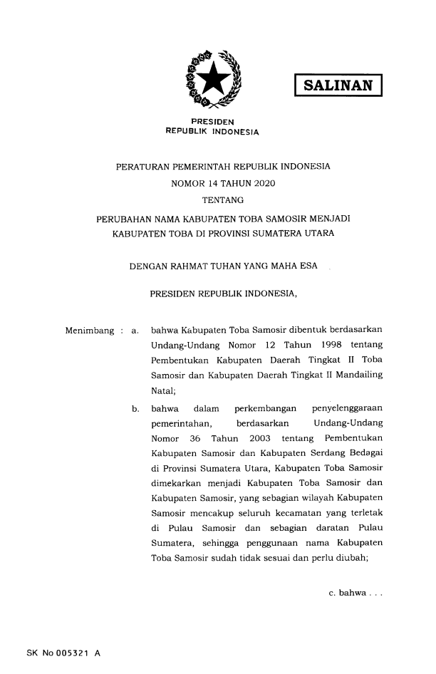 Peraturan Pemerintah Nomor 14 Tahun 2020