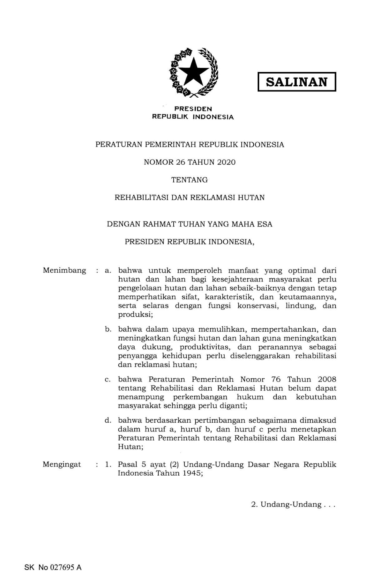 Peraturan Pemerintah Nomor 26 Tahun 2020