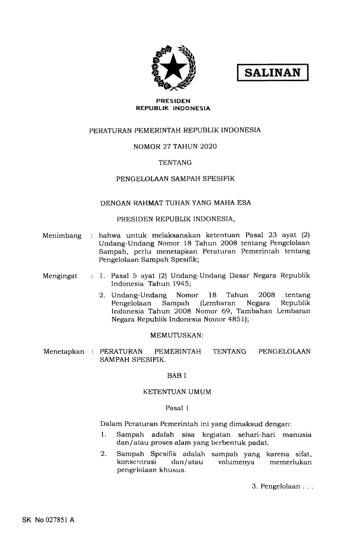 Peraturan Pemerintah Nomor 27 Tahun 2020
