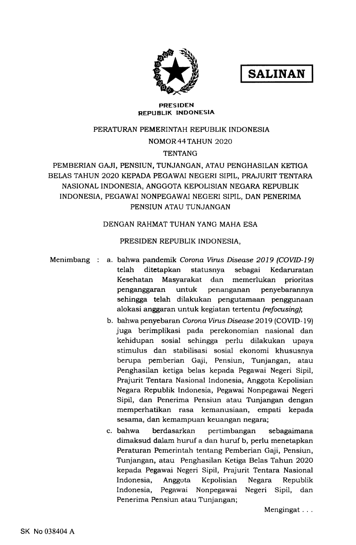Peraturan Pemerintah Nomor 44 Tahun 2020