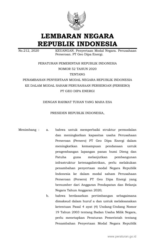 Peraturan Pemerintah Nomor 52 Tahun 2020