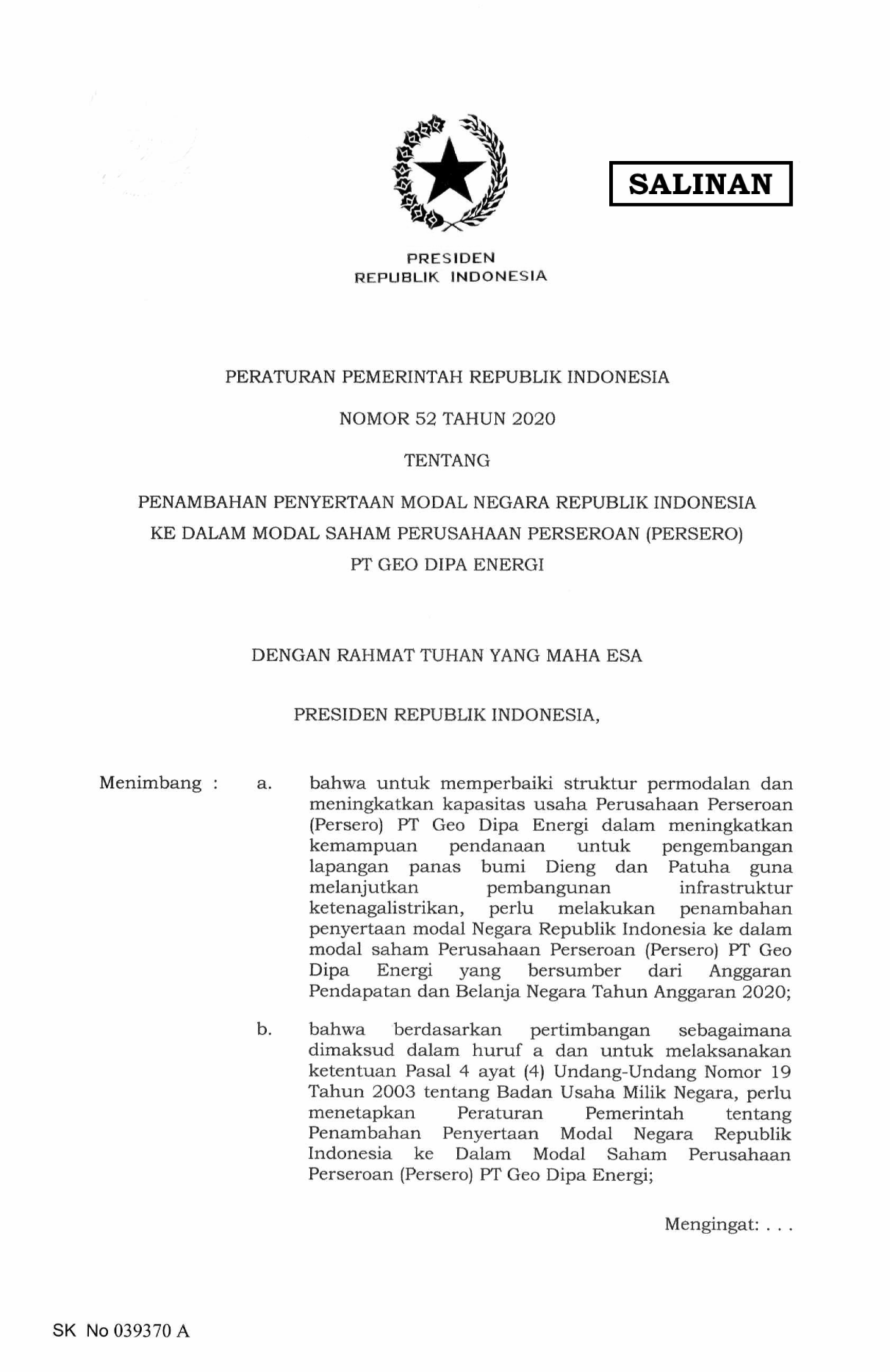 Peraturan Pemerintah Nomor 52 Tahun 2020