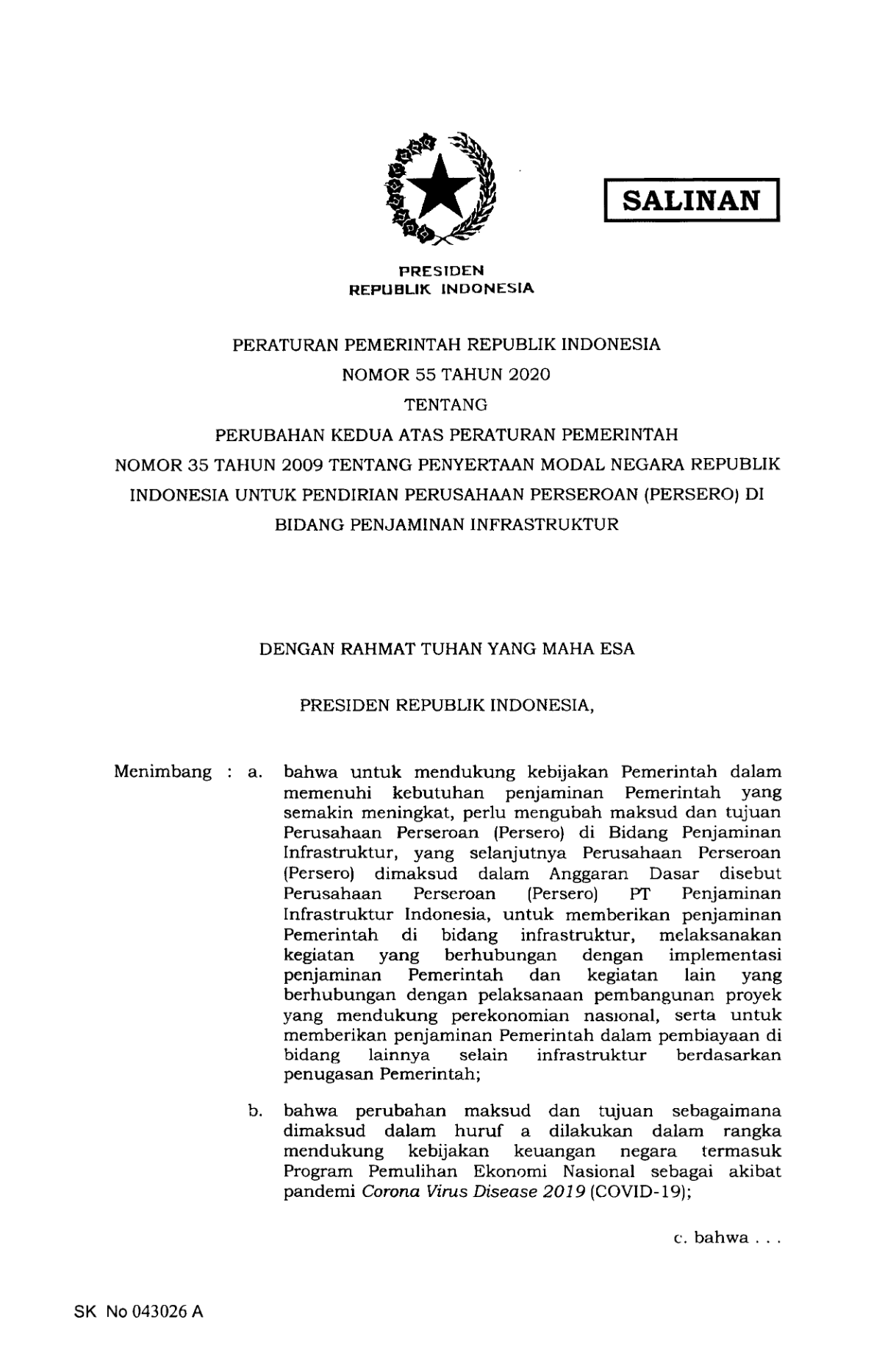 Peraturan Pemerintah Nomor 55 Tahun 2020