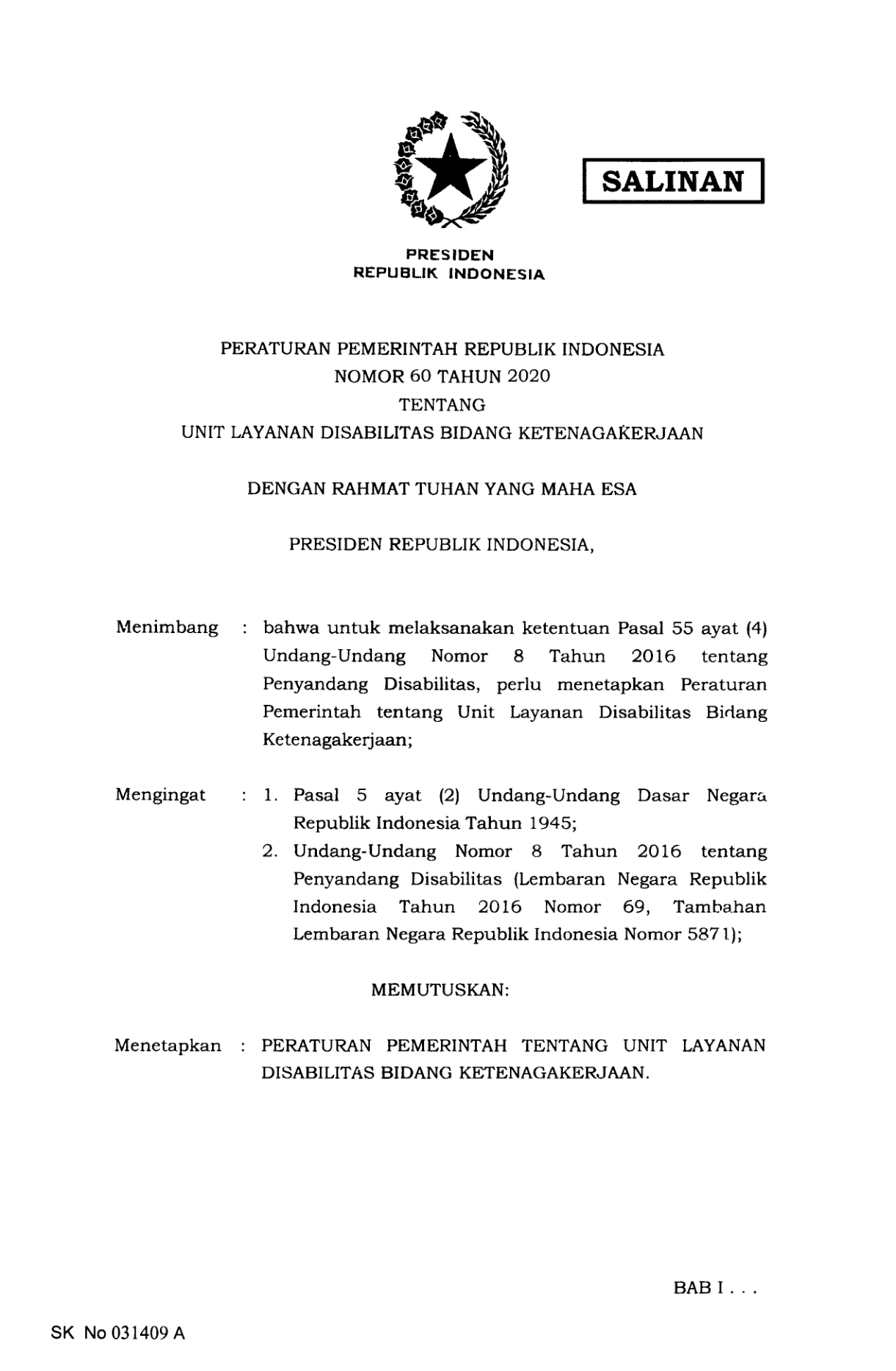Peraturan Pemerintah Nomor 60 Tahun 2020