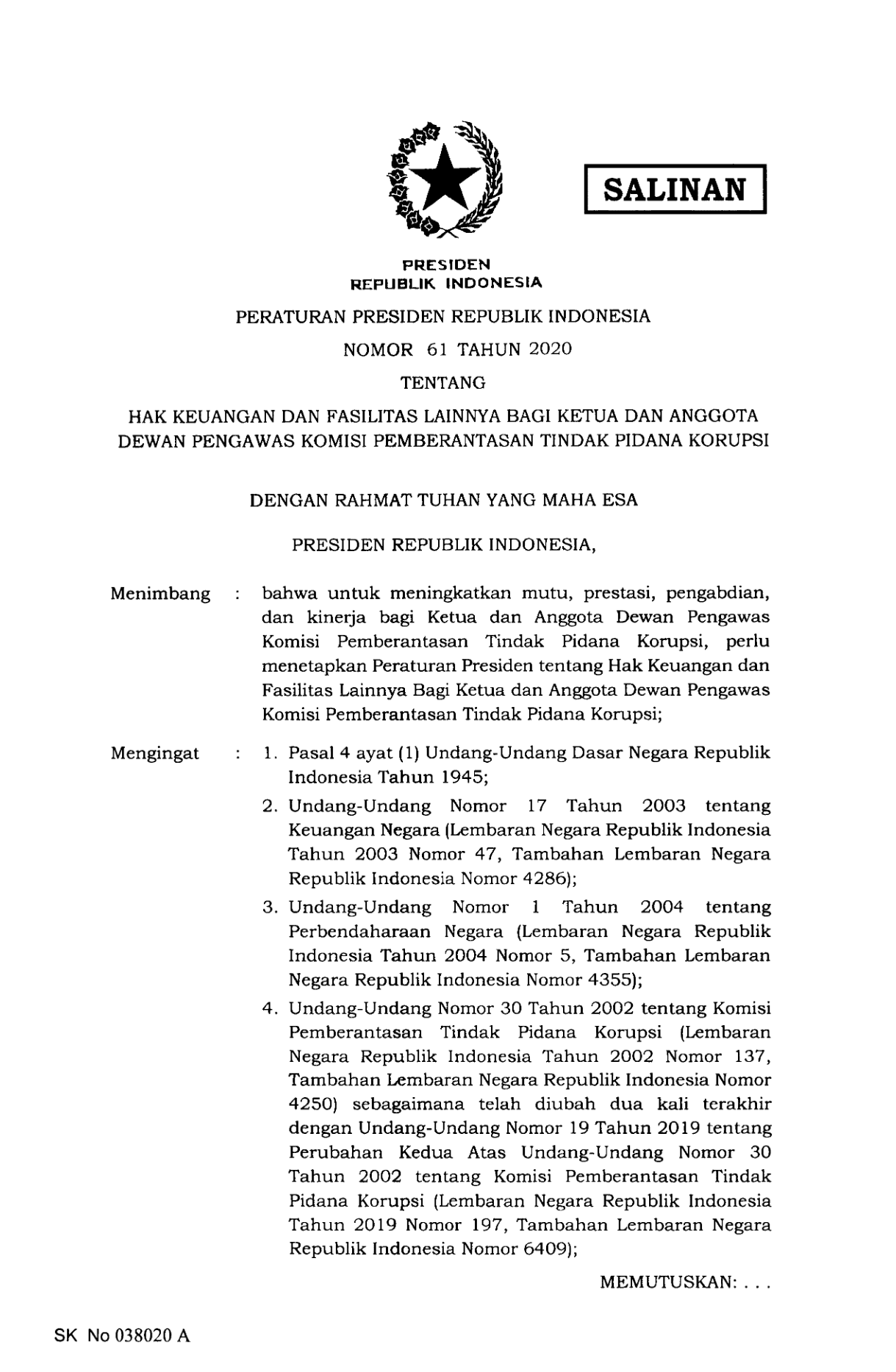 Peraturan Pemerintah Nomor 61 Tahun 2020