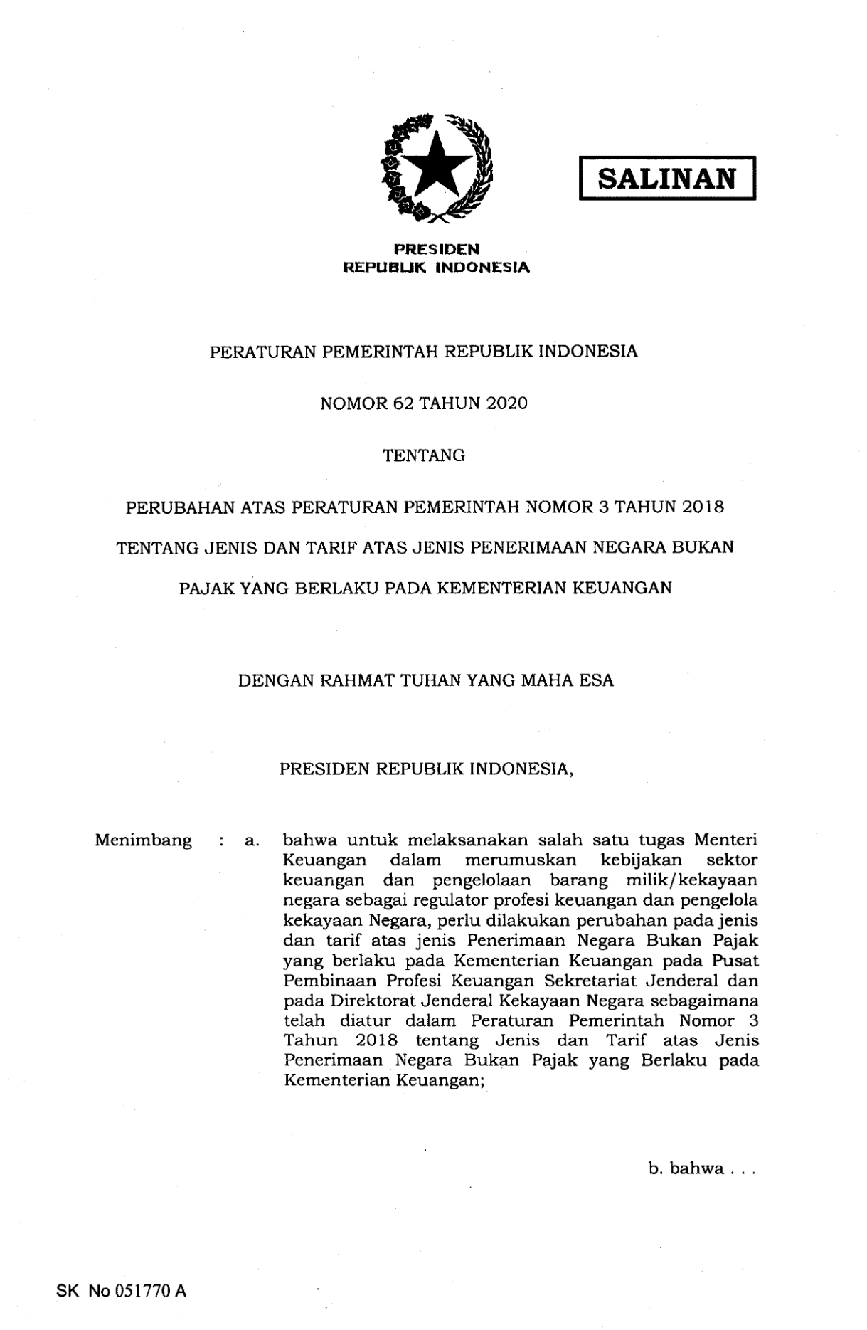 Peraturan Pemerintah Nomor 62 Tahun 2020