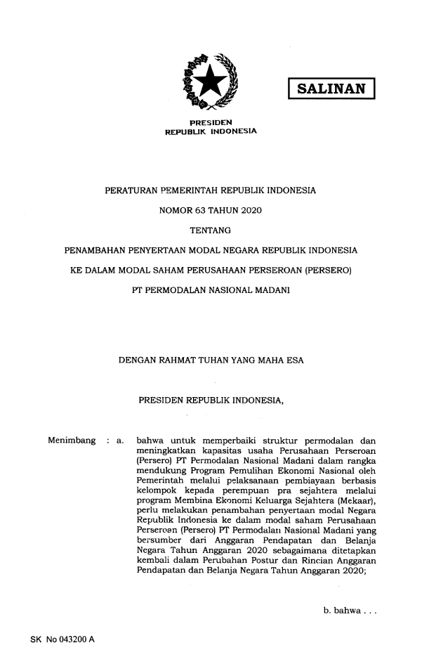 Peraturan Pemerintah Nomor 63 Tahun 2020