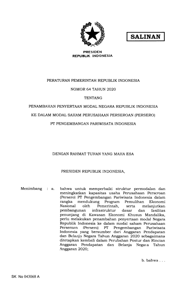 Peraturan Pemerintah Nomor 64 Tahun 2020