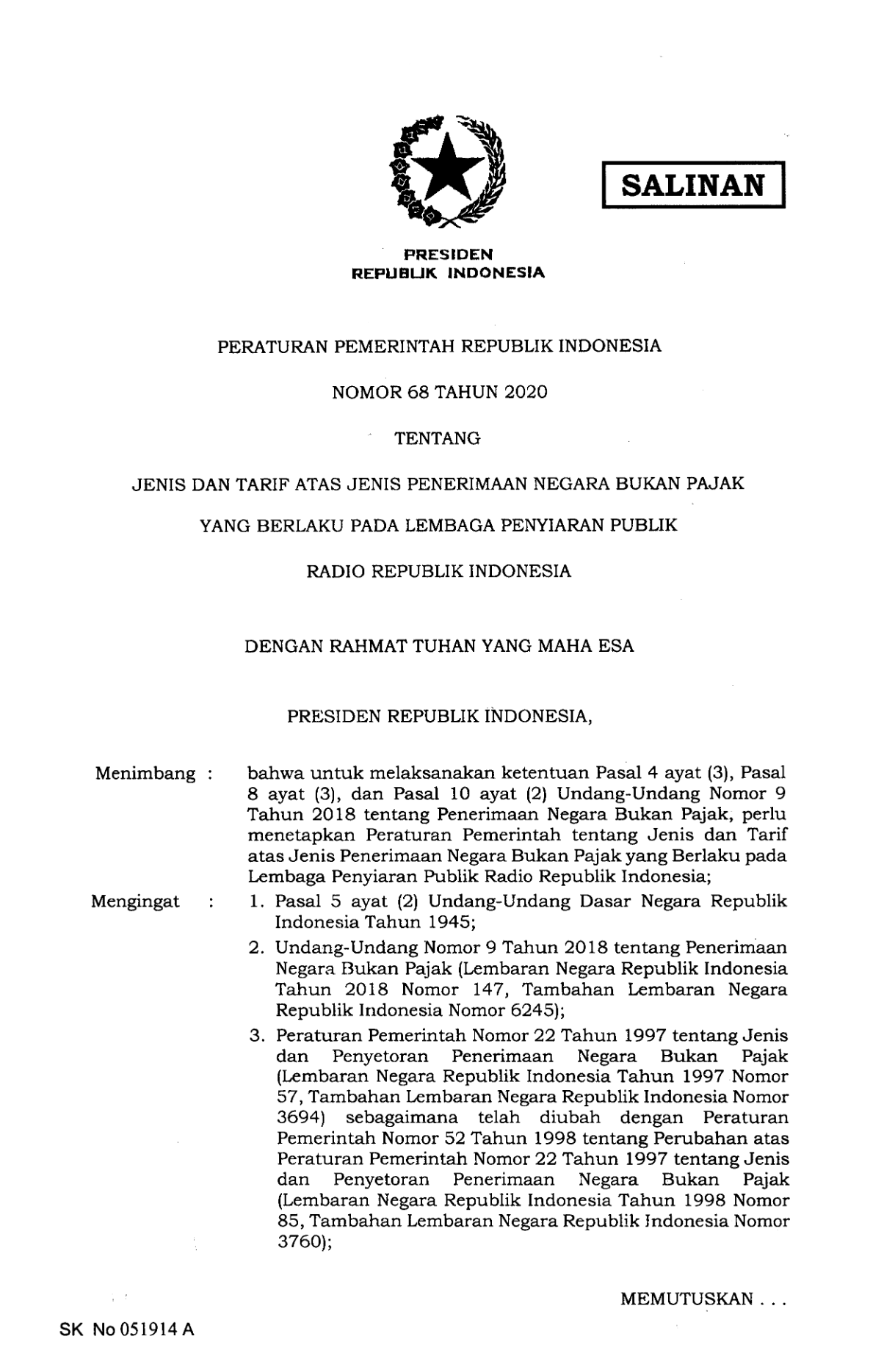 Peraturan Pemerintah Nomor 68 Tahun 2020