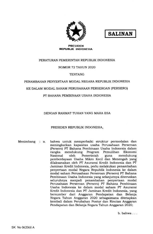 Peraturan Pemerintah Nomor 72 Tahun 2020