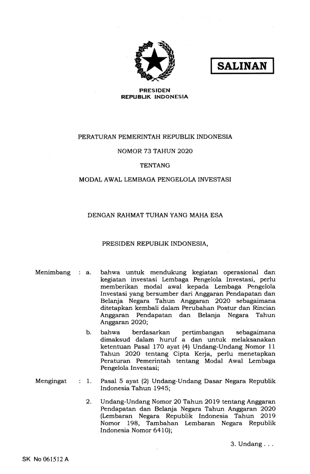 Peraturan Pemerintah Nomor 73 Tahun 2020