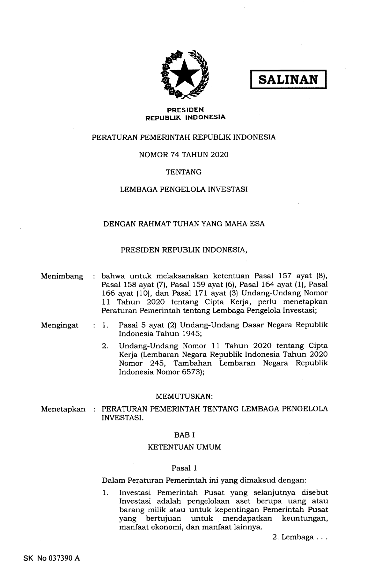 Peraturan Pemerintah Nomor 74 Tahun 2020