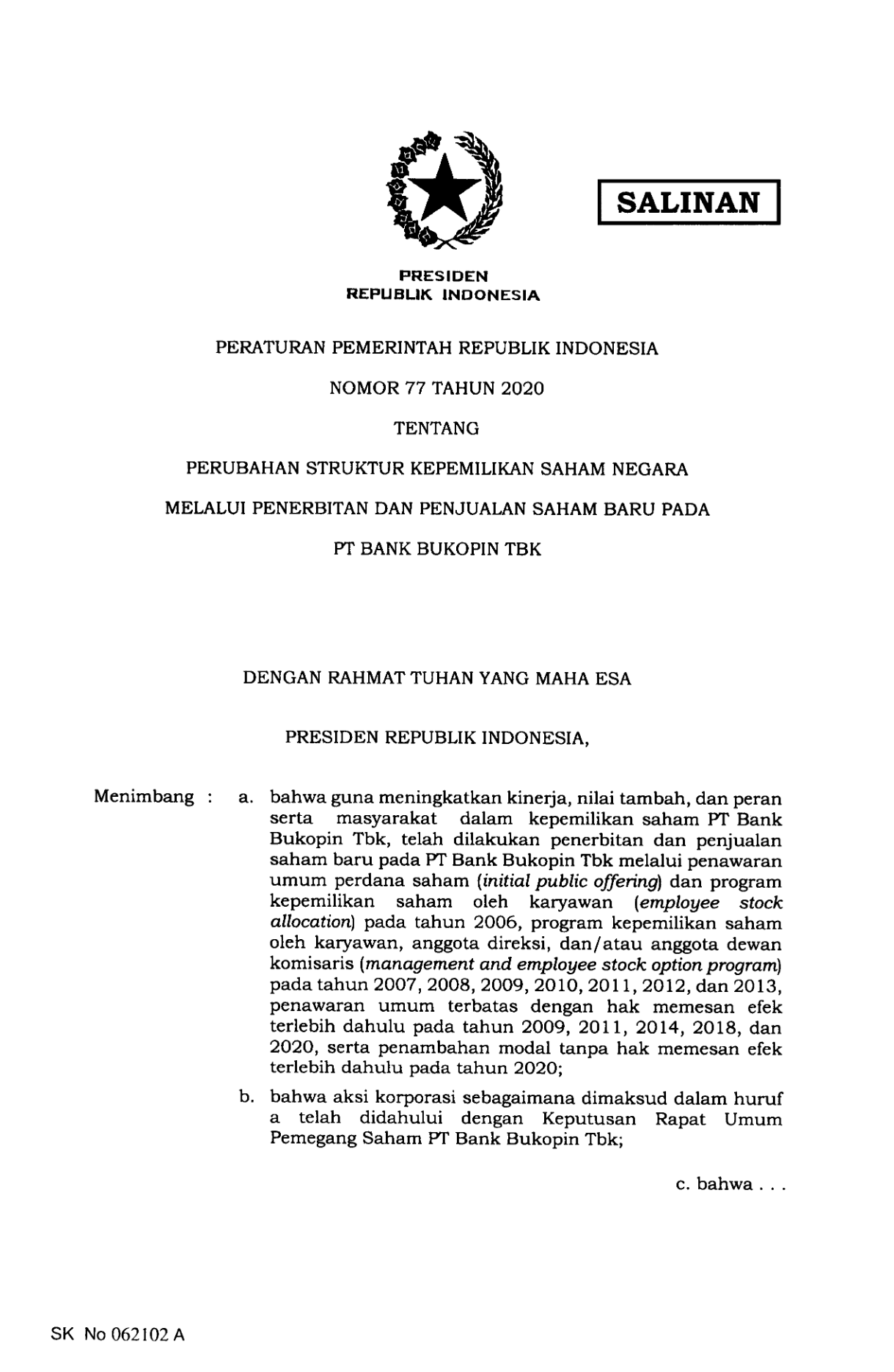 Peraturan Pemerintah Nomor 77 Tahun 2020