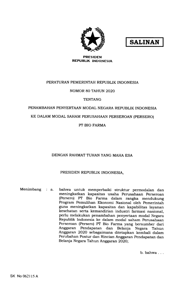 Peraturan Pemerintah Nomor 80 Tahun 2020