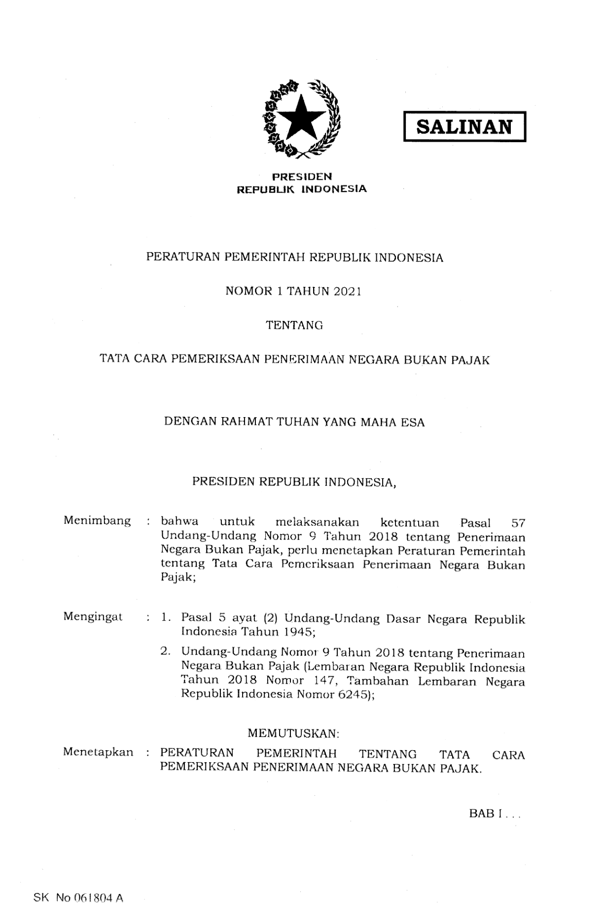 Peraturan Pemerintah Nomor 1 Tahun 2021