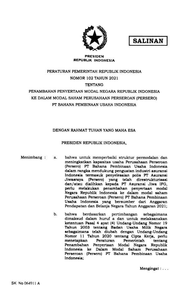 Peraturan Pemerintah Nomor 102 Tahun 2021