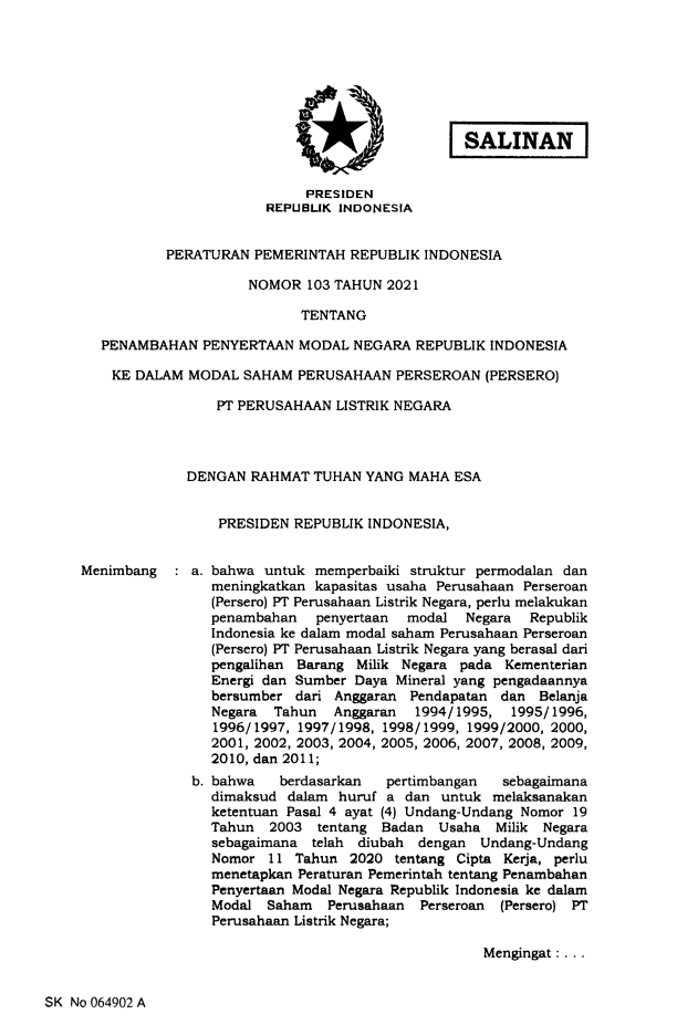 Peraturan Pemerintah Nomor 103 Tahun 2021