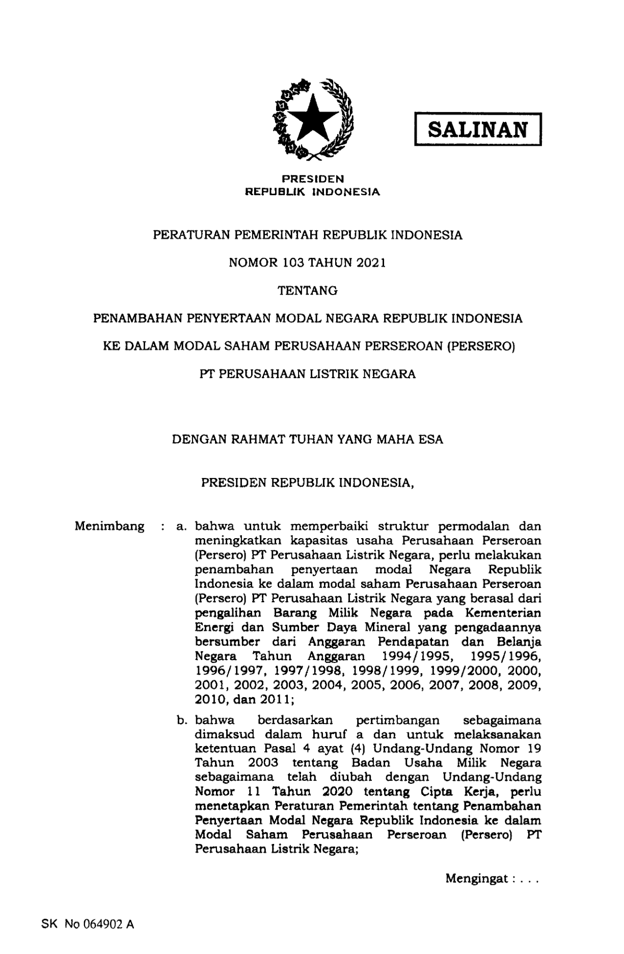 Peraturan Pemerintah Nomor 103 Tahun 2021