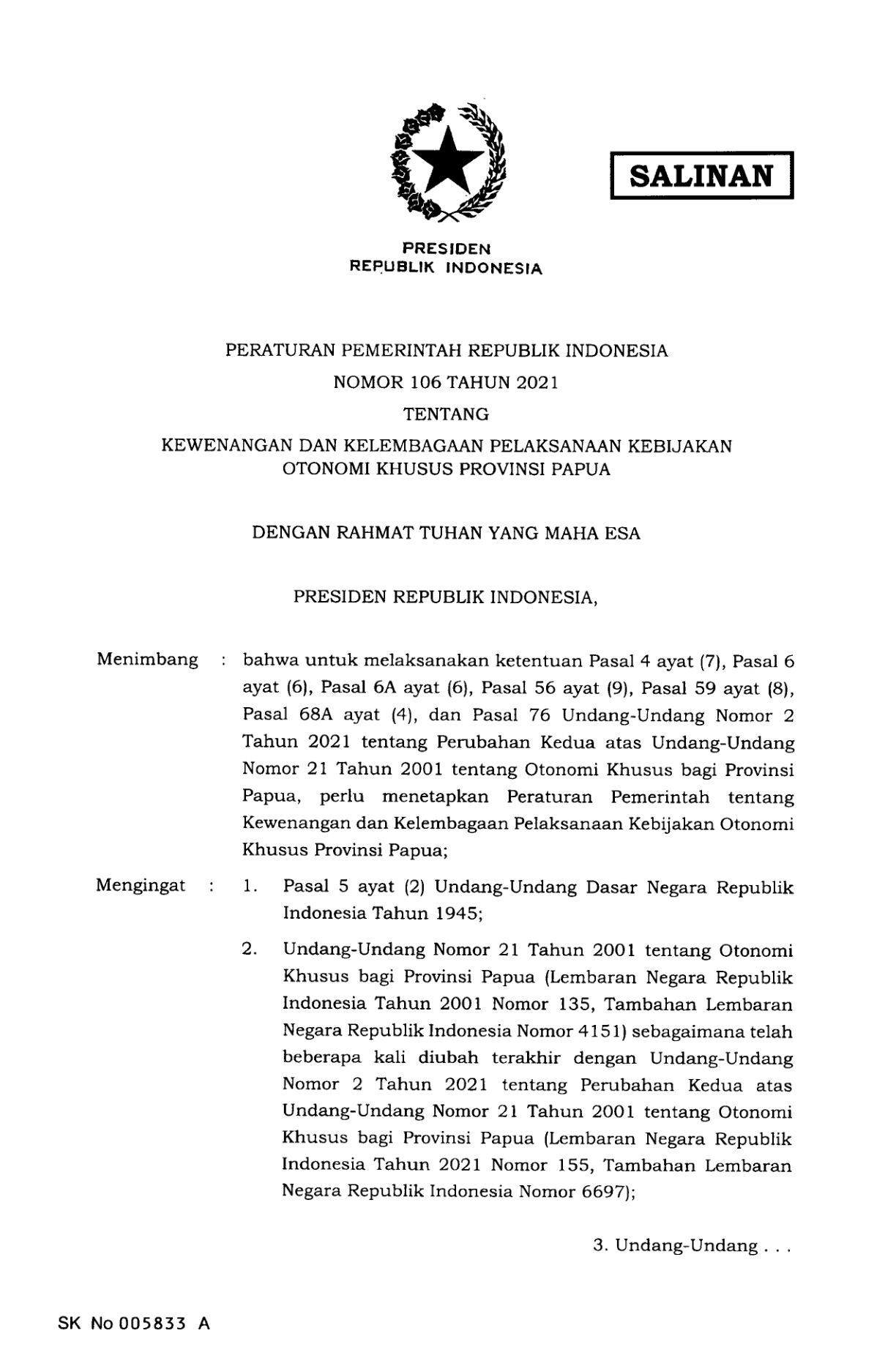 Peraturan Pemerintah Nomor 106 Tahun 2021