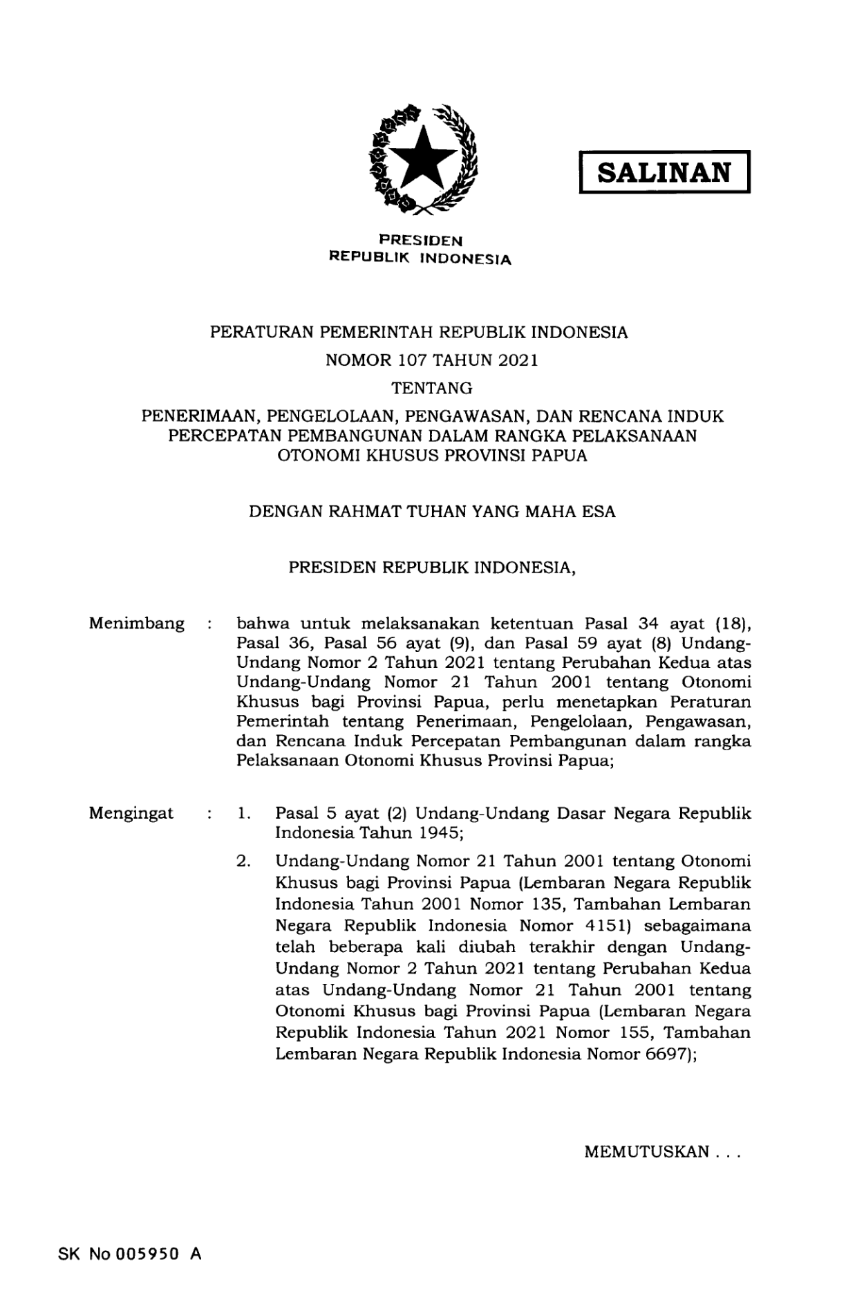 Peraturan Pemerintah Nomor 107 Tahun 2021