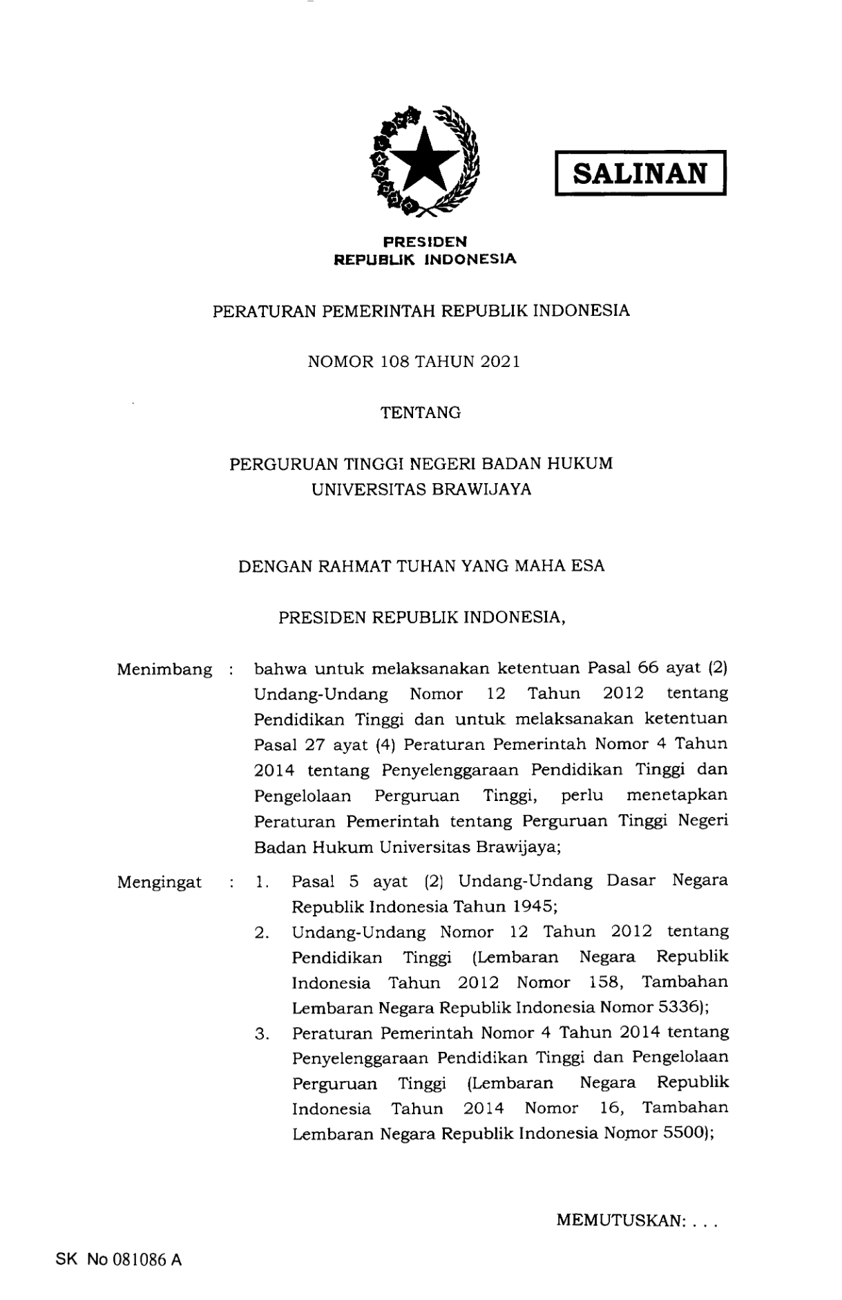 Peraturan Pemerintah Nomor 108 Tahun 2021