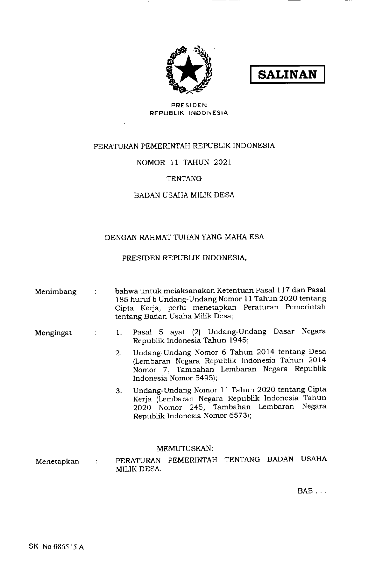 Peraturan Pemerintah Nomor 11 Tahun 2021
