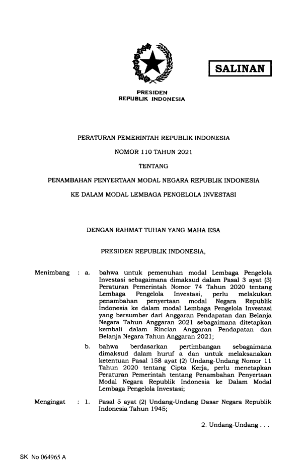 Peraturan Pemerintah Nomor 110 Tahun 2021