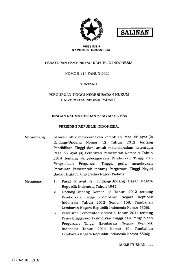 Peraturan Pemerintah Nomor 114 Tahun 2021