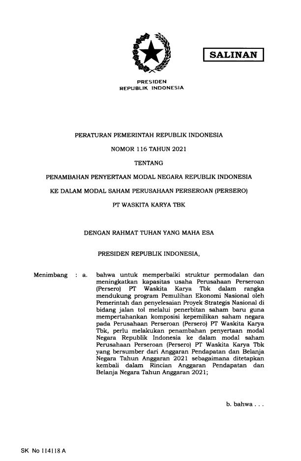 Peraturan Pemerintah Nomor 116 Tahun 2021