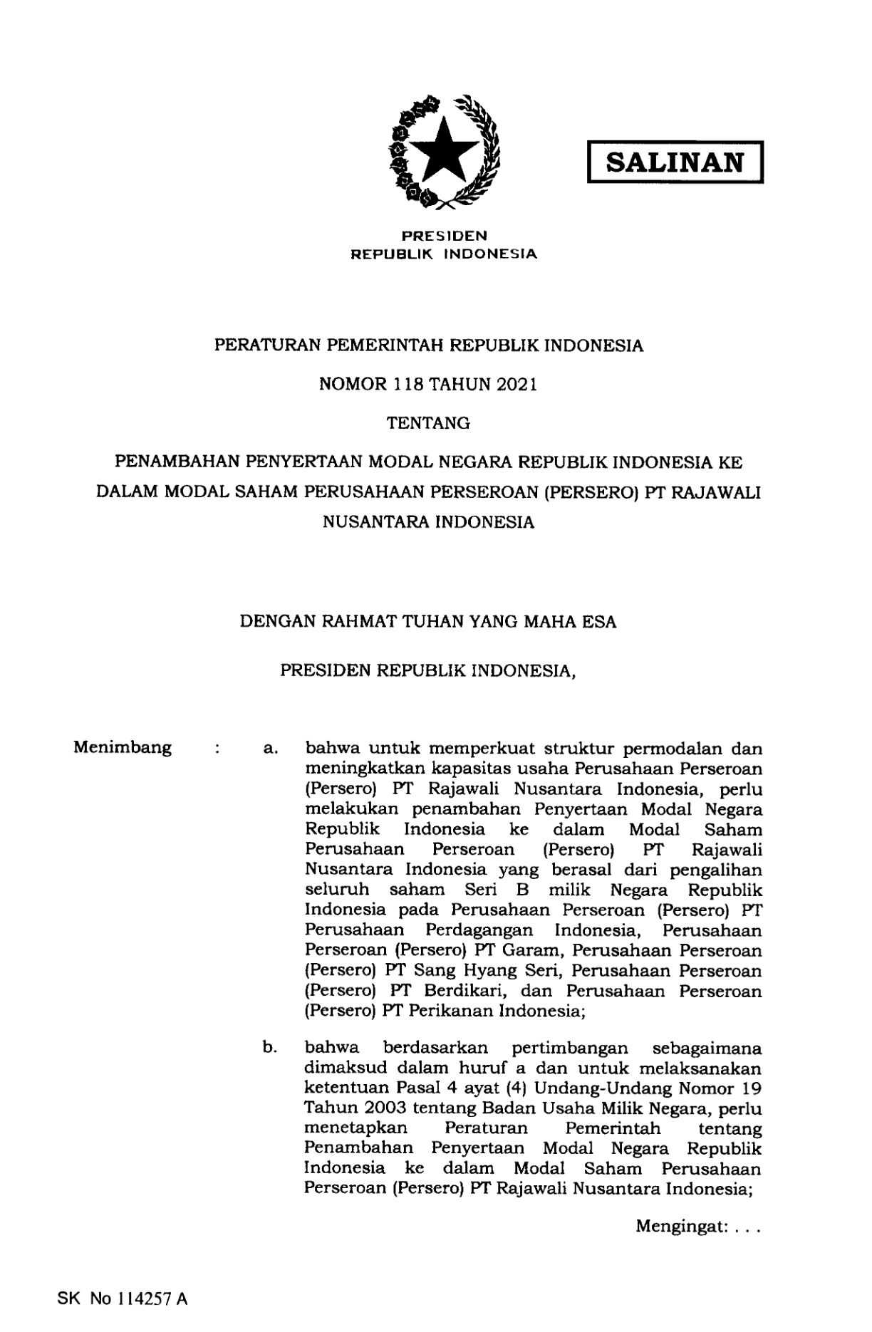 Peraturan Pemerintah Nomor 118 Tahun 2021