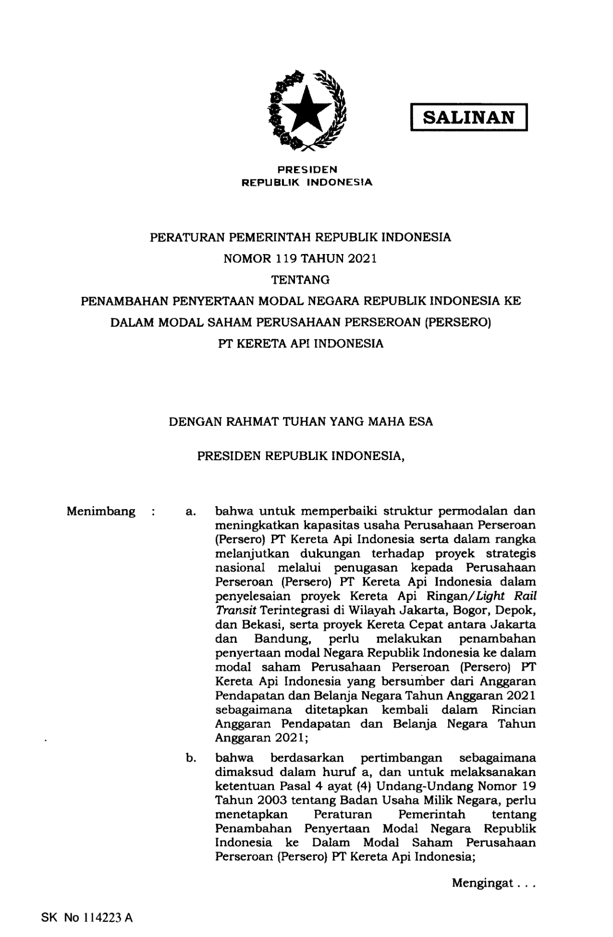 Peraturan Pemerintah Nomor 119 Tahun 2021