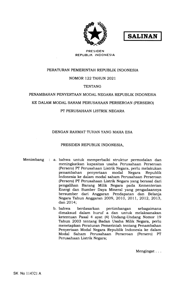 Peraturan Pemerintah Nomor 122 Tahun 2021