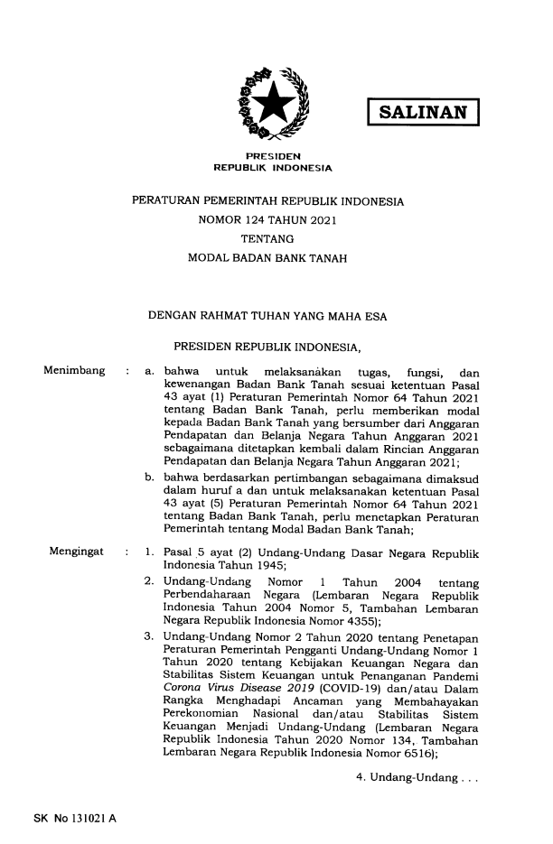 Peraturan Pemerintah Nomor 124 Tahun 2021