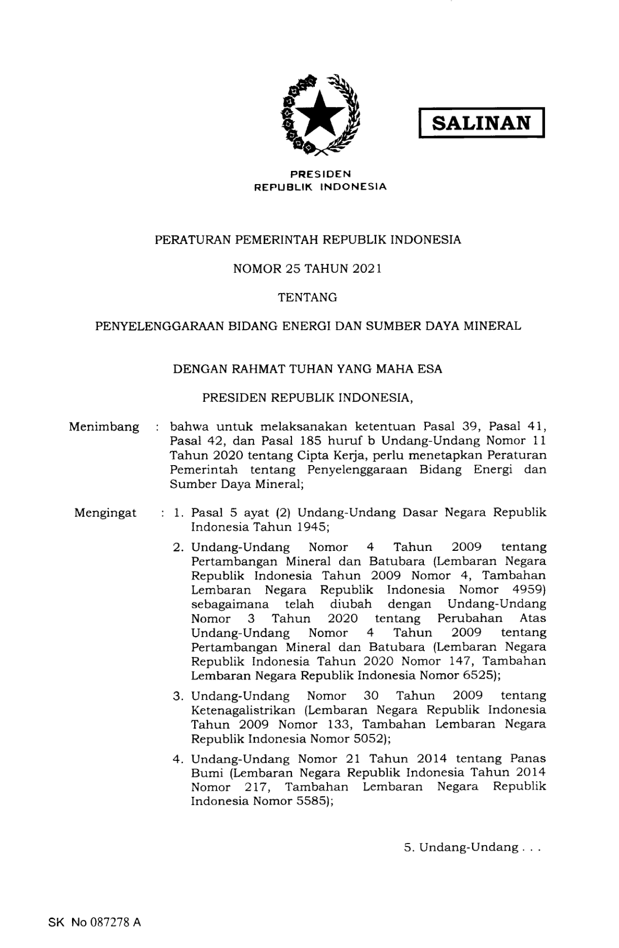 Peraturan Pemerintah Nomor 25 Tahun 2021