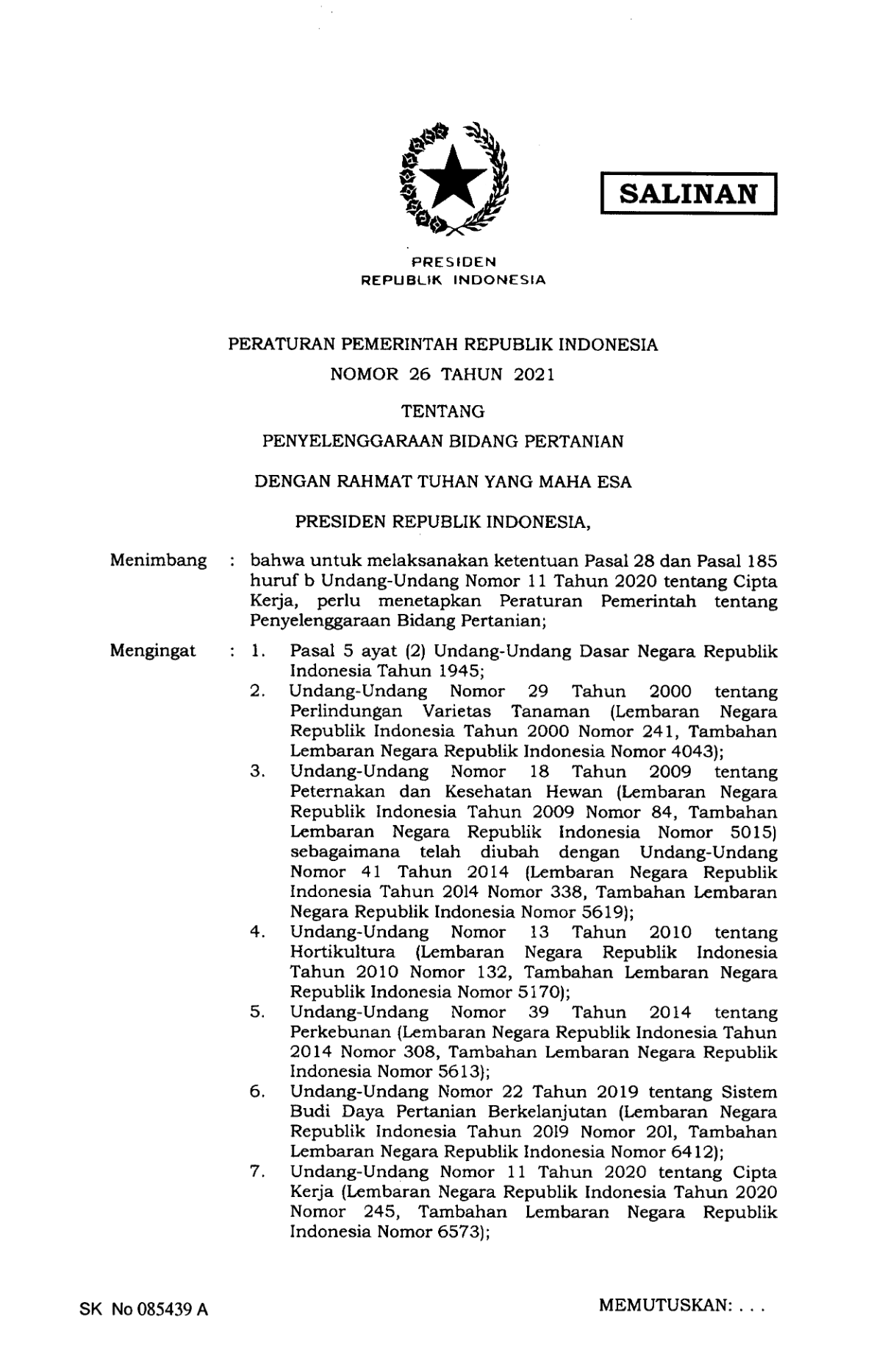 Peraturan Pemerintah Nomor 26 Tahun 2021