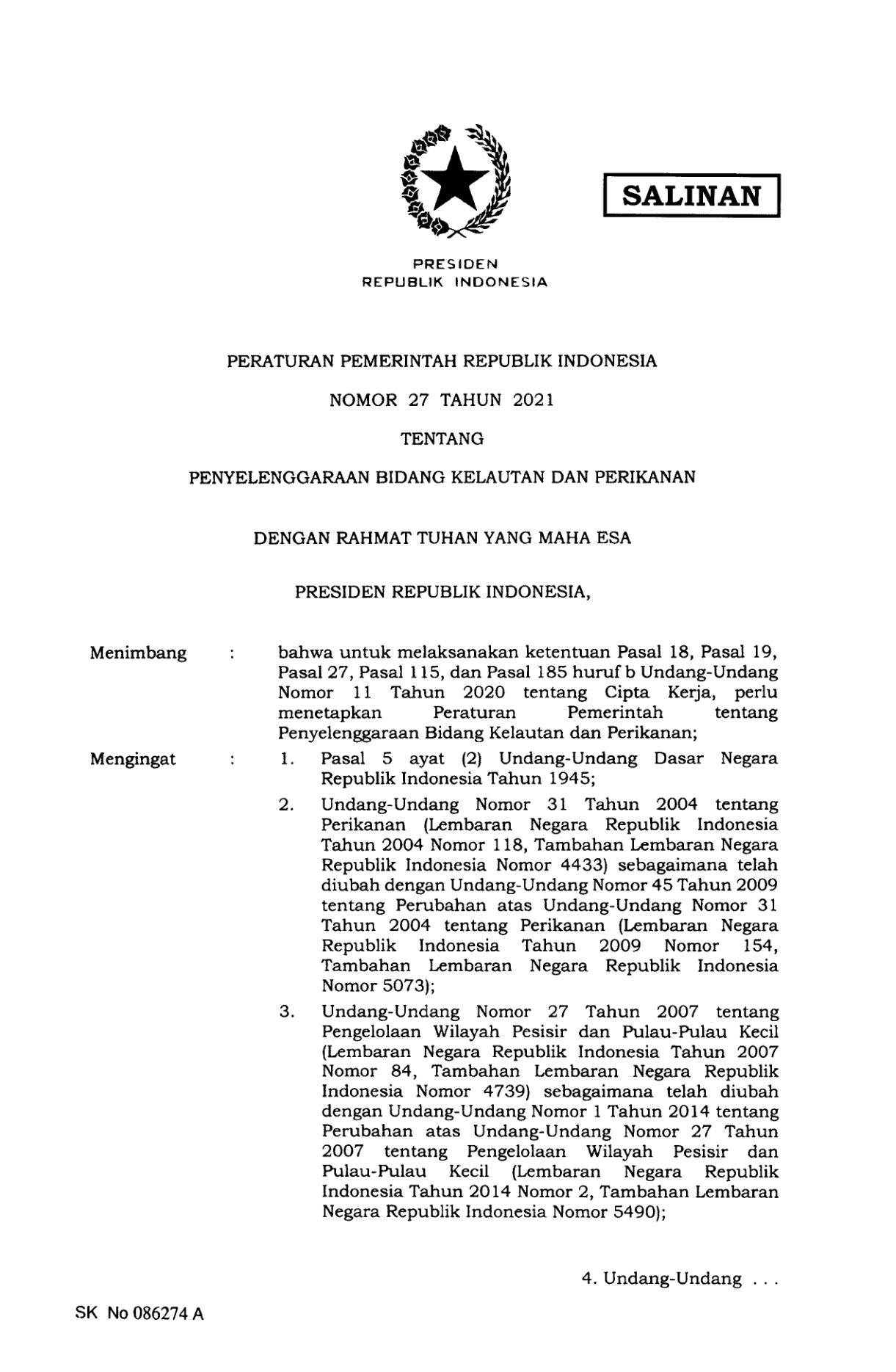 Peraturan Pemerintah Nomor 27 Tahun 2021
