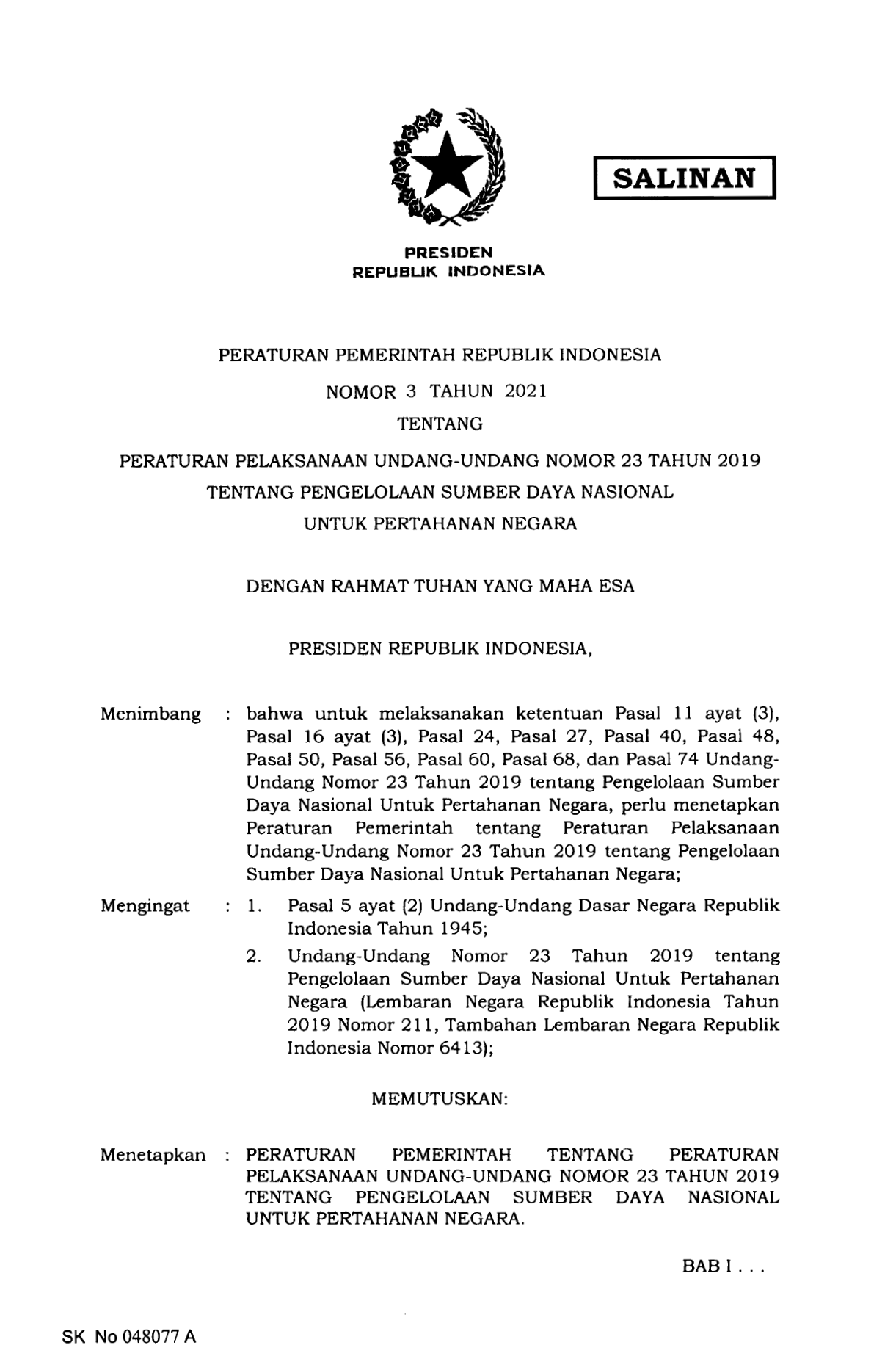 Peraturan Pemerintah Nomor 3 Tahun 2021