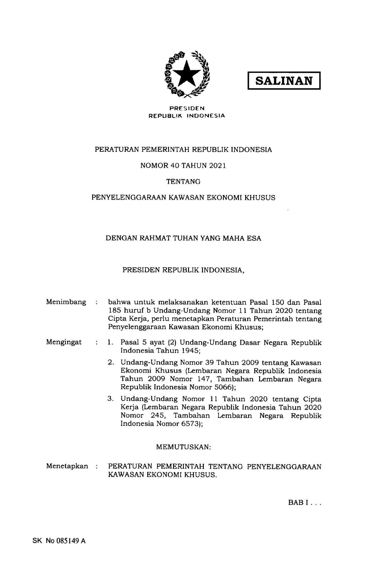 Peraturan Pemerintah Nomor 40 Tahun 2021