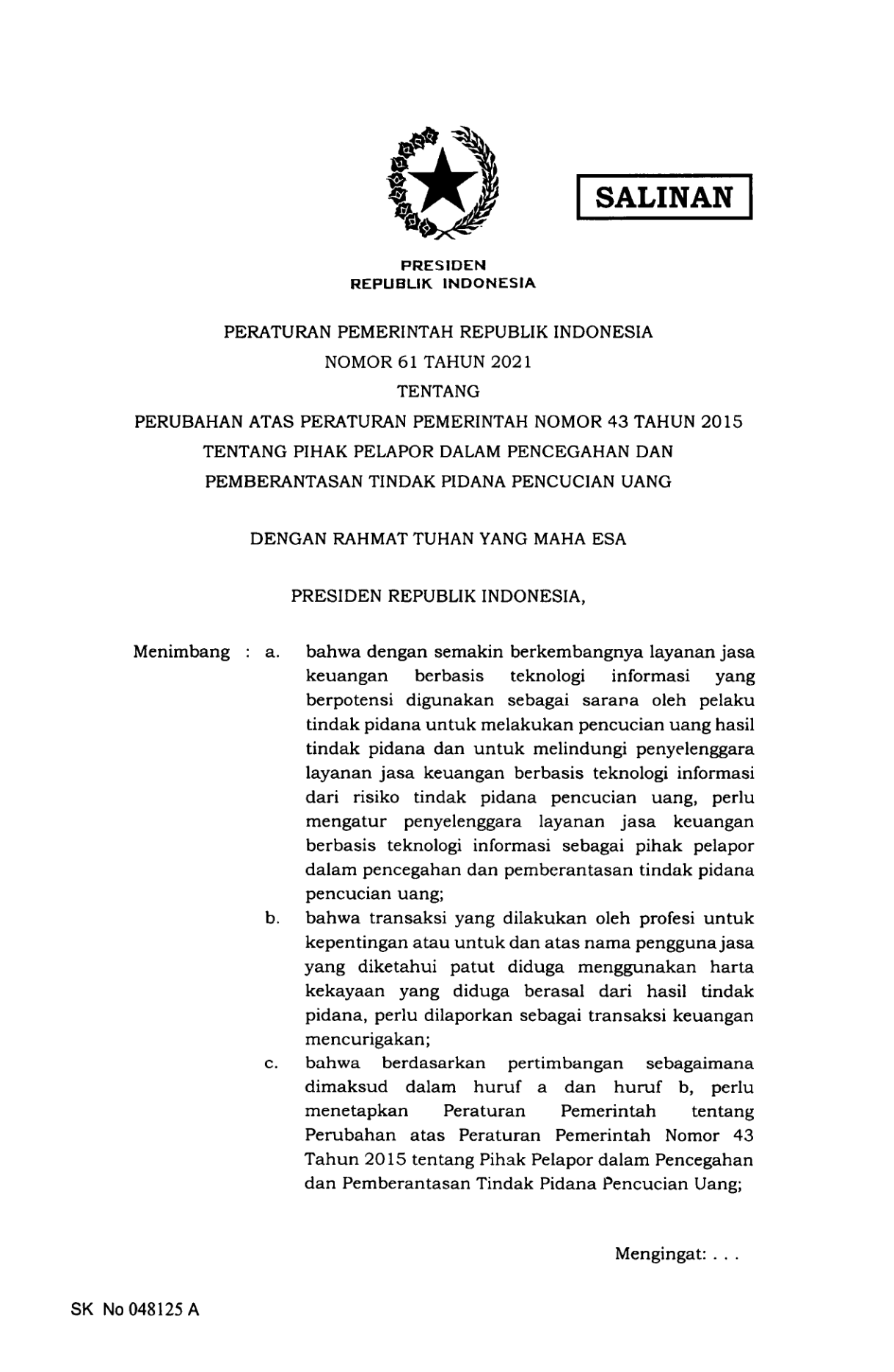 Peraturan Pemerintah Nomor 61 Tahun 2021