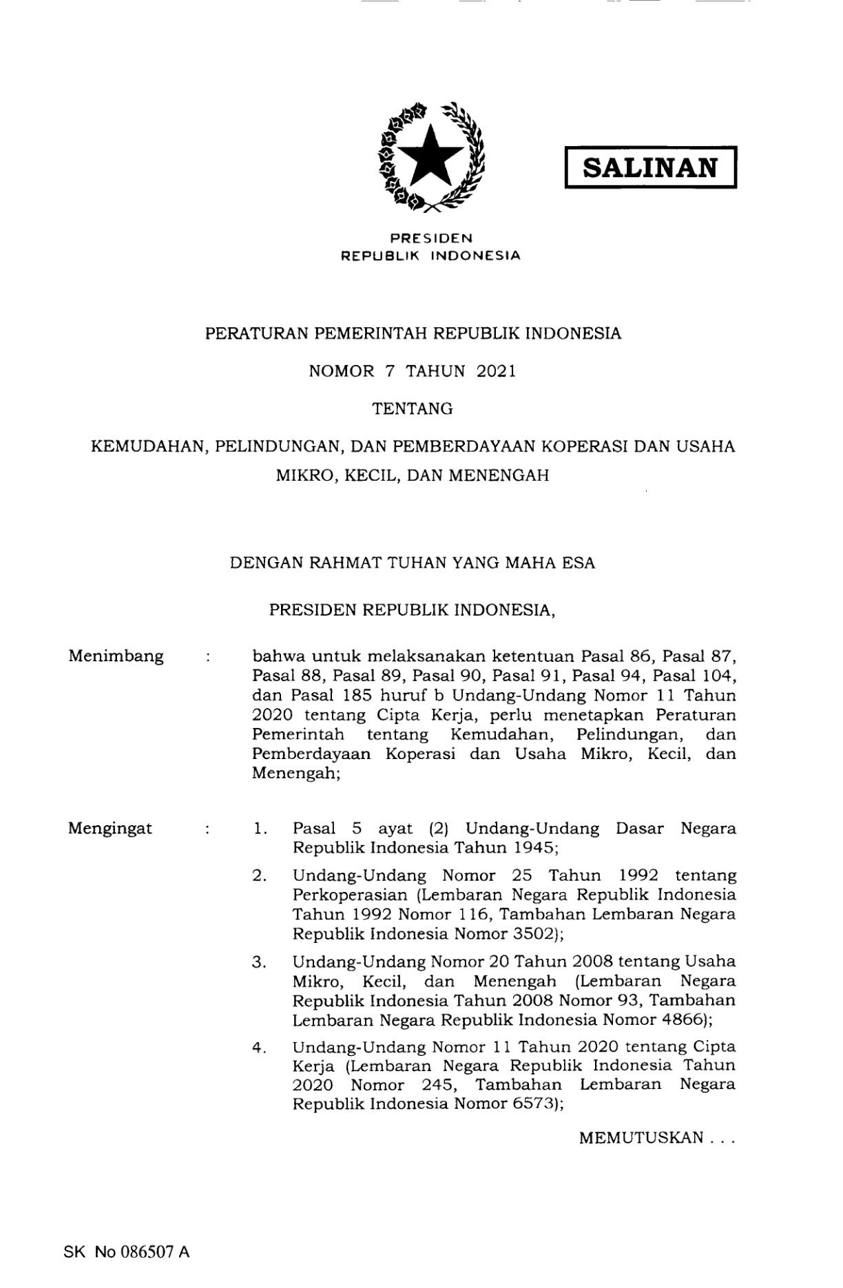 Peraturan Pemerintah Nomor 7 Tahun 2021