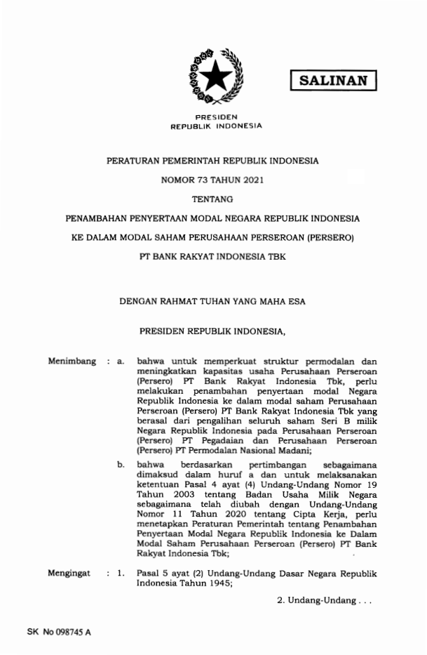 Peraturan Pemerintah Nomor 73 Tahun 2021