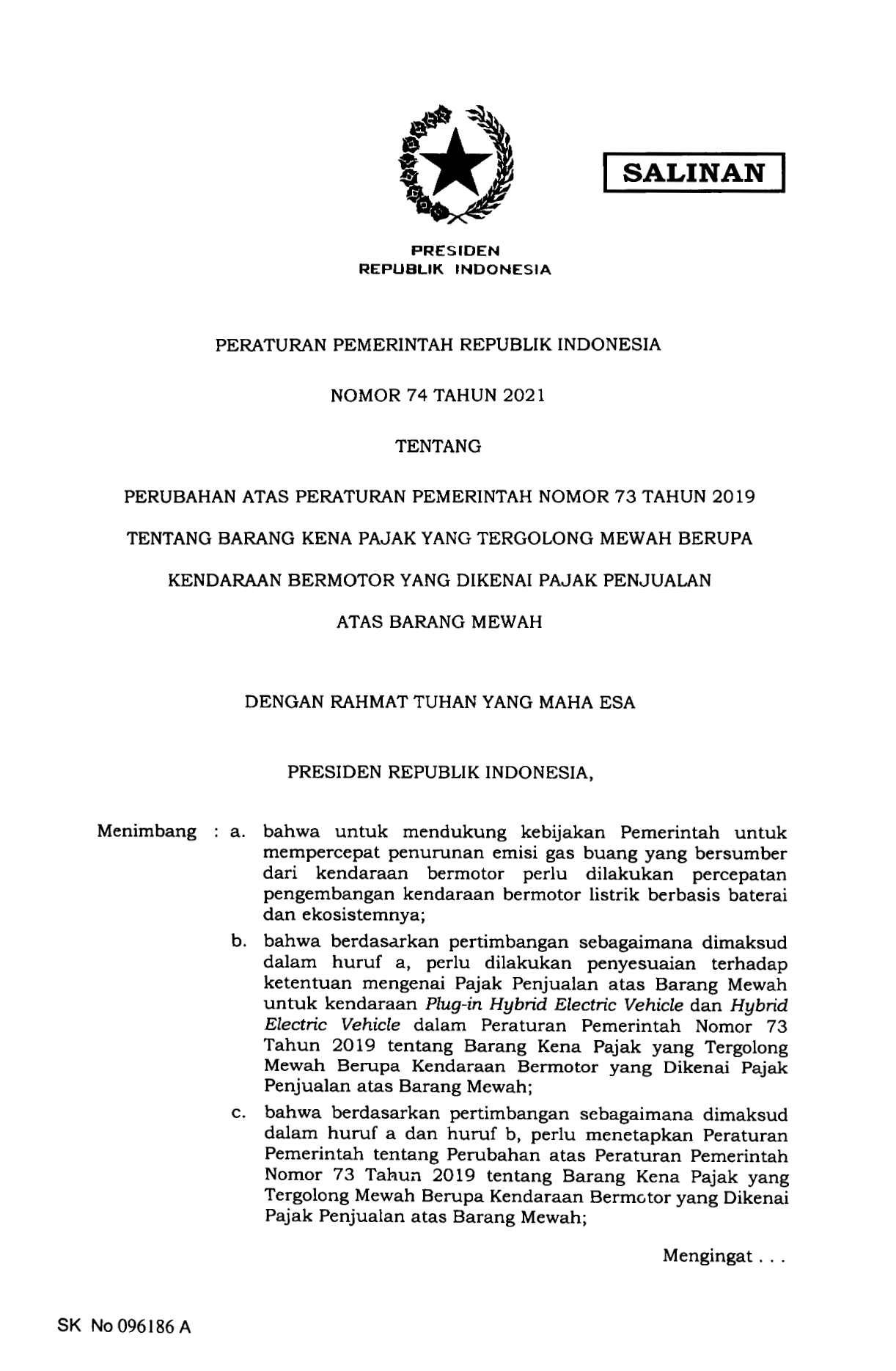 Peraturan Pemerintah Nomor 74 Tahun 2021