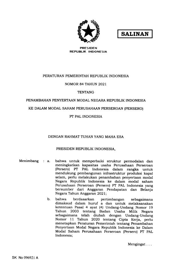 Peraturan Pemerintah Nomor 84 Tahun 2021