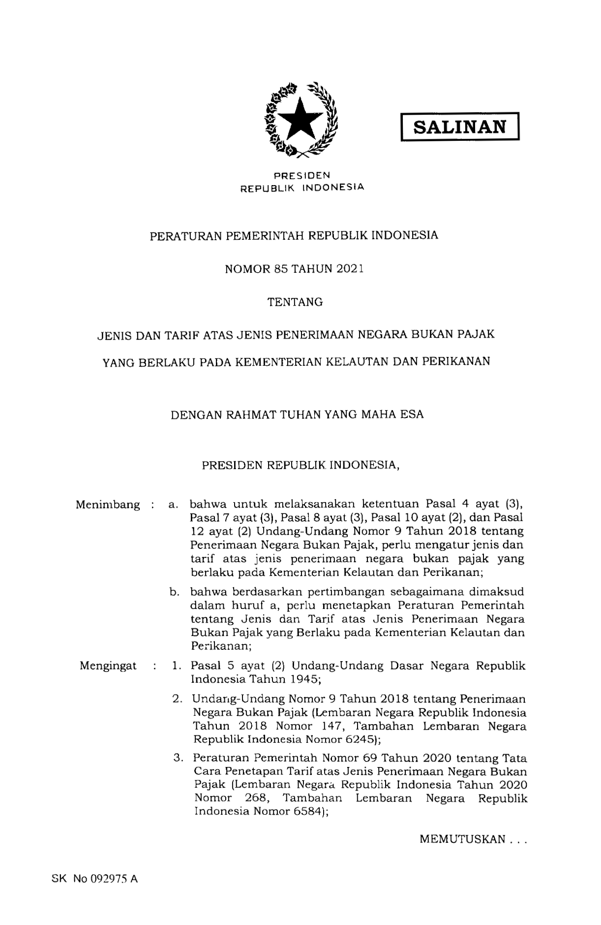 Peraturan Pemerintah Nomor 85 Tahun 2021