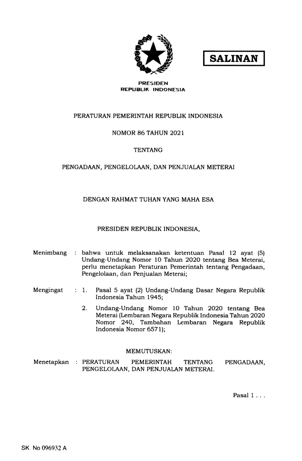 Peraturan Pemerintah Nomor 86 Tahun 2021