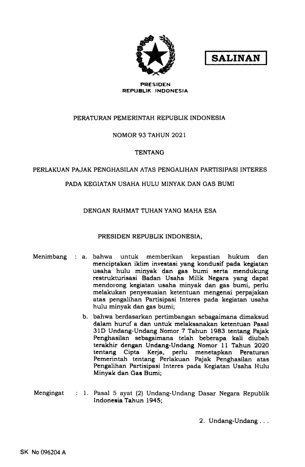 Peraturan Pemerintah Nomor 93 Tahun 2021