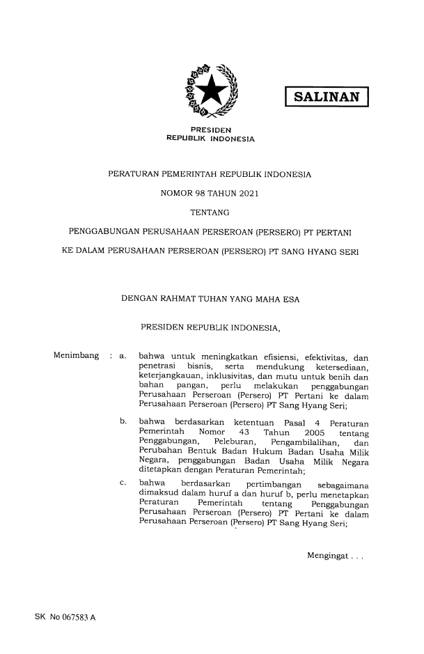 Peraturan Pemerintah Nomor 98 Tahun 2021