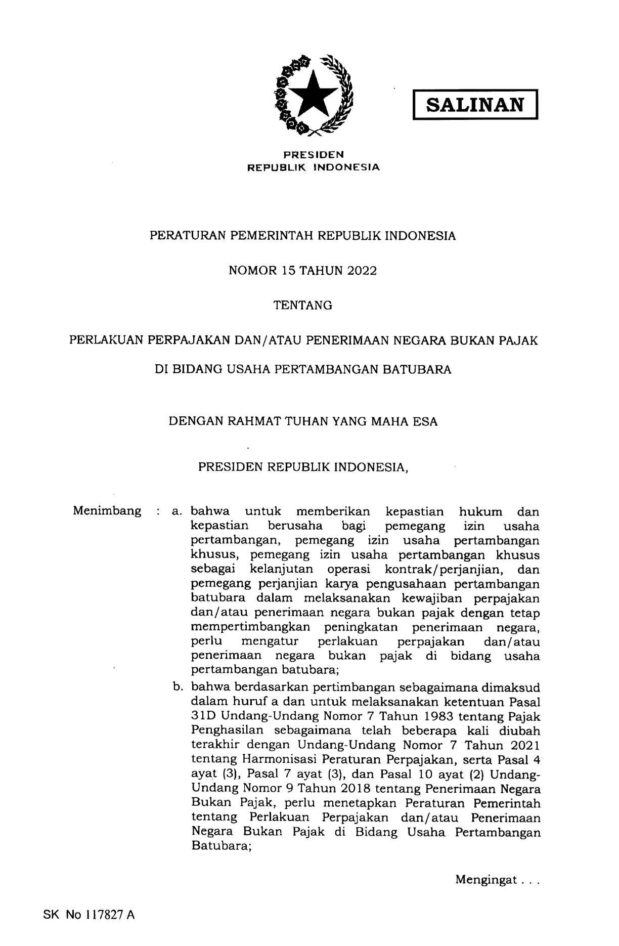 Peraturan Pemerintah Nomor 15 Tahun 2022