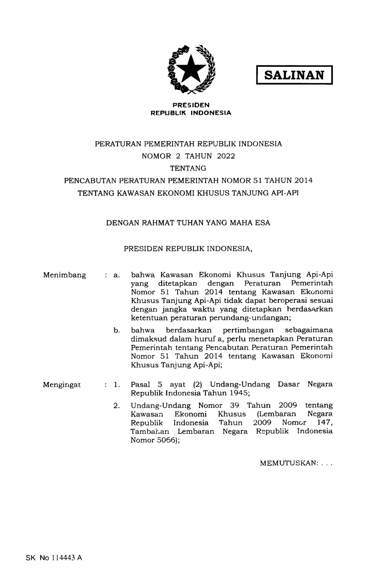 Peraturan Pemerintah Nomor 2 Tahun 2022