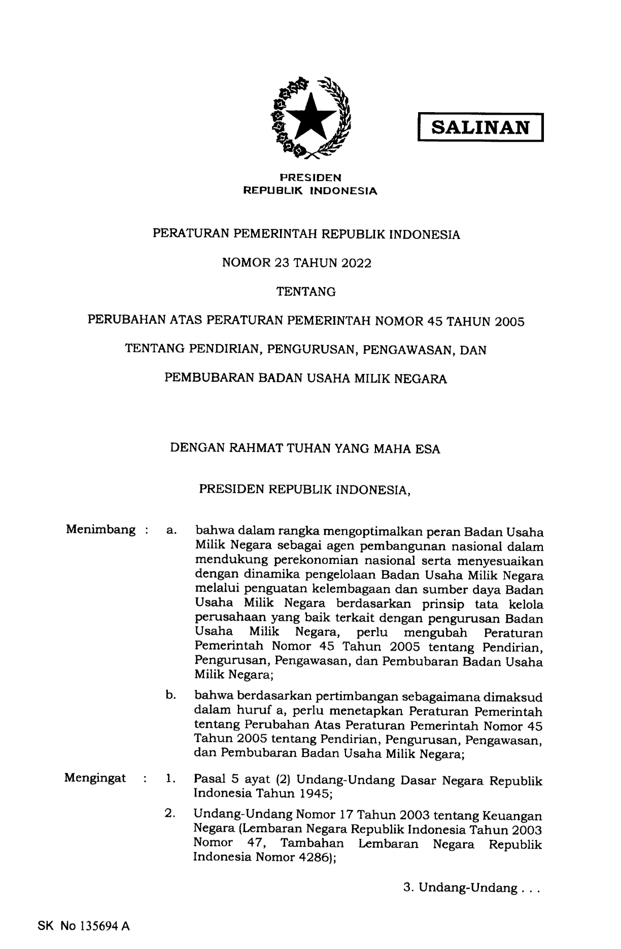 Peraturan Pemerintah Nomor 23 Tahun 2022